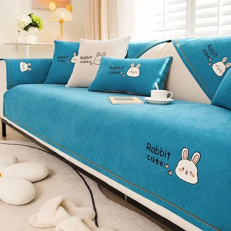 Four Seasons Sofa Cover Combination Corner Couch Towel Embroidered Rabbits Sofa Mat Pet Sofa Cushion Slipcover for Living Room