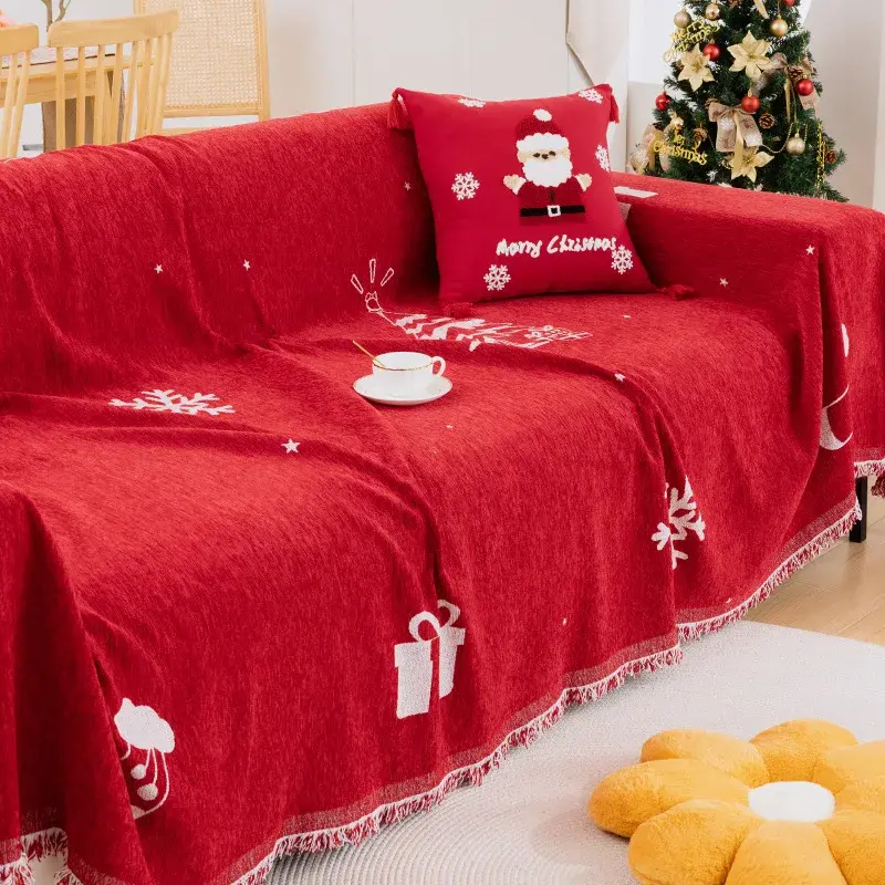 Christmas Red Sofa Cover with Tassel Couch Towel Machine Washable Holiday Theme Red Grids Sofa Slipcover for Living Room Decor