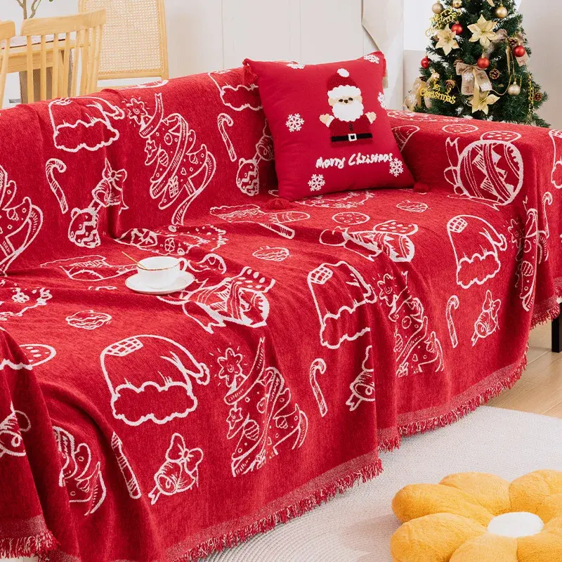 Christmas Red Sofa Cover with Tassel Couch Towel Machine Washable Holiday Theme Red Grids Sofa Slipcover for Living Room Decor