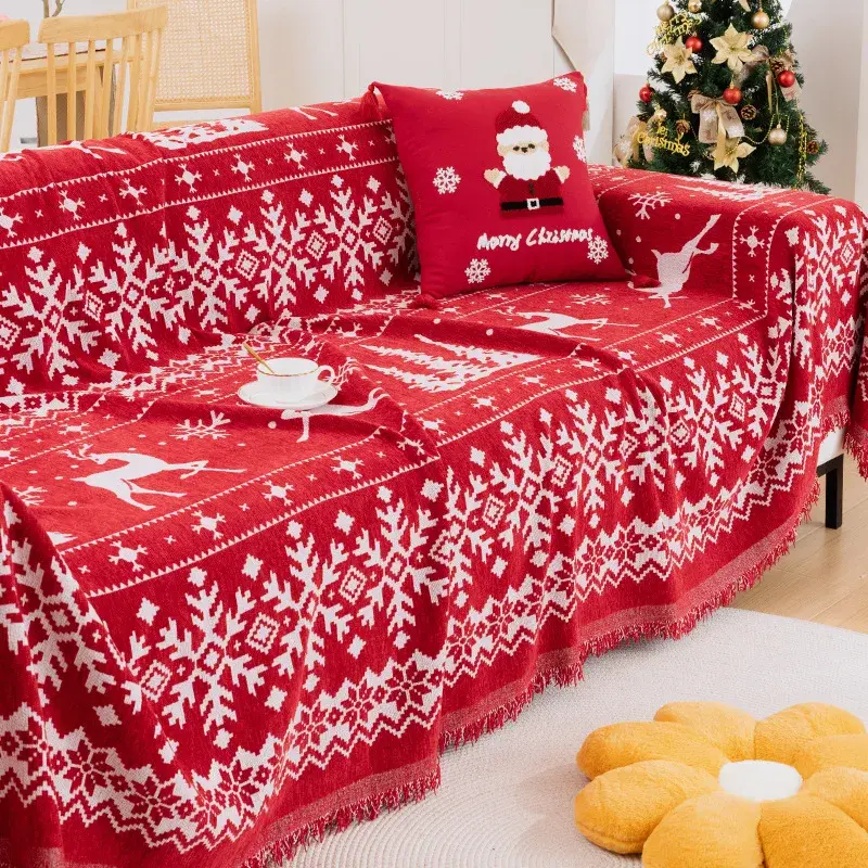 Christmas Red Sofa Cover with Tassel Couch Towel Machine Washable Holiday Theme Red Grids Sofa Slipcover for Living Room Decor