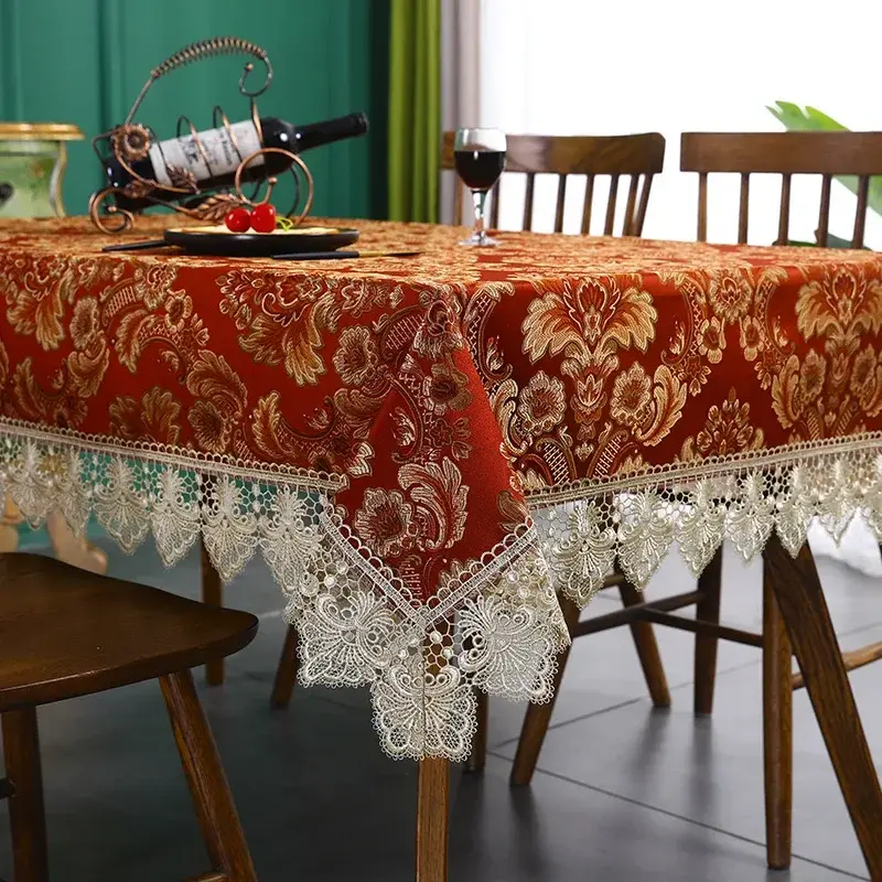 Tablecloth Table Jacquard Chinese Red Embroidered Dining Table Cover Rectangle Table Cloth Flower Lace Bedside TV Cabinet Dust