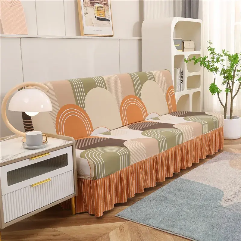 Printed Stretch Sofa Bed Cover Armless Folding Sofa Covers with Skirt Elastic Couch Slipcover for Living Room Funiture Protector