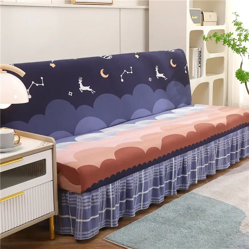 Printed Stretch Sofa Bed Cover Armless Folding Sofa Covers with Skirt Elastic Couch Slipcover for Living Room Funiture Protector