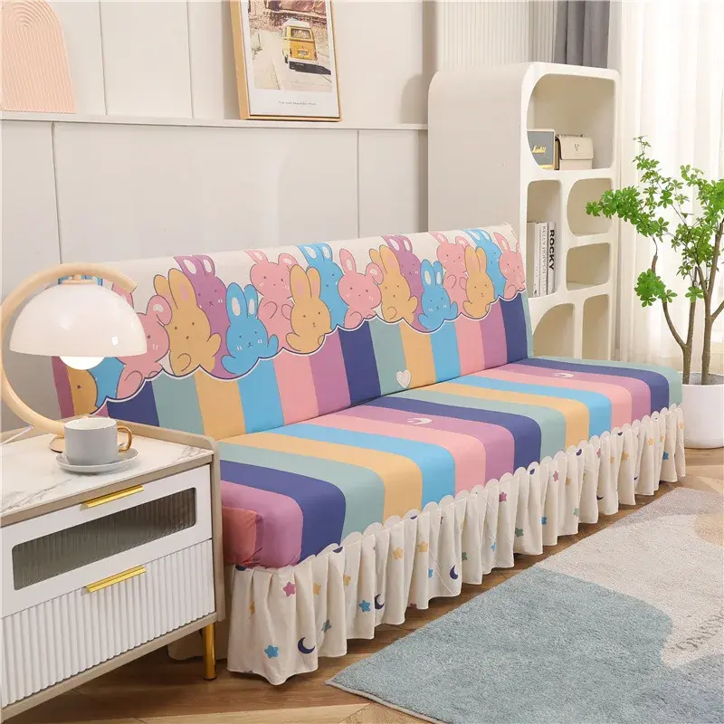 Printed Stretch Sofa Bed Cover Armless Folding Sofa Covers with Skirt Elastic Couch Slipcover for Living Room Funiture Protector