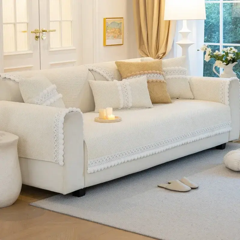 Autumn Winter Corduroy Sofa Cushion Four Seasons Universal Hairball Tassel Non-slip Sofa Cover Cream Style Sofa Cover Cover Mat