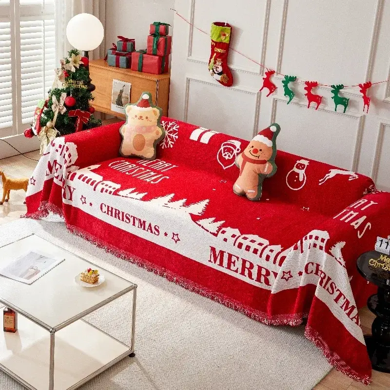 Christmas Red Sofa Blanket Nordic Tassels Throw Towel Four Season Sofa Cover Dustproof Anti-scratch Couch Covers Furniture Cover
