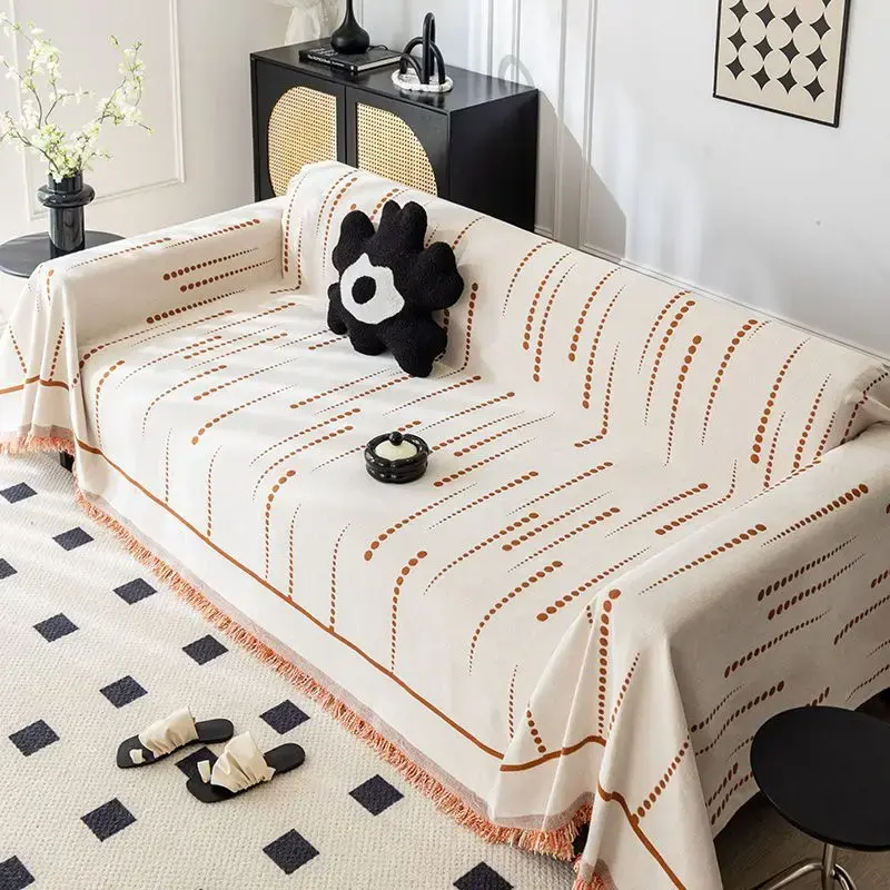 Solid Color Striped Sofa Towel Thicken Chenille Four Seasons Universal Tassel Sofa Towel Anti Slip Inclusive Cover Cloth Towel