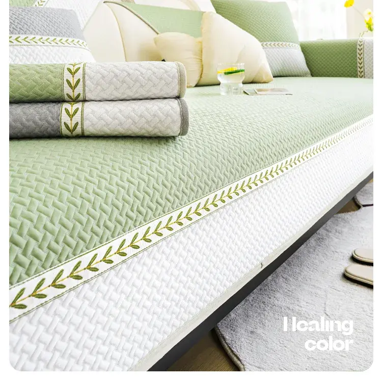 New Ice Silk Sofa Cover Summer Color Blocked Jacquard Sofa Cushion Solid Color Non-Slip Living Room Sofa Cover Protective Cover