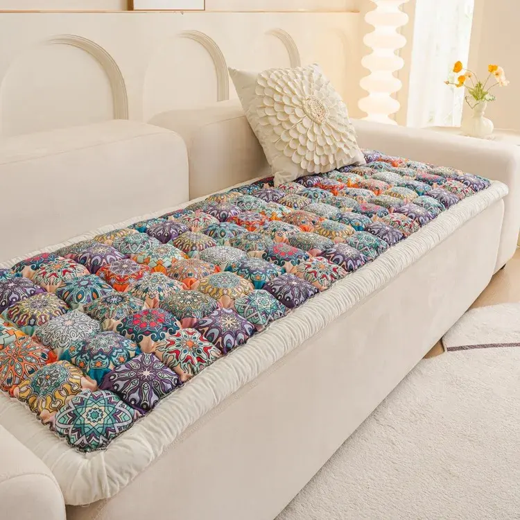 New Bohemian Pure Cotton Couch Cushion Universal for All Seasons Sofa Mat Home Mat Decor Non-slip Rectangular Seat Couch Cushion
