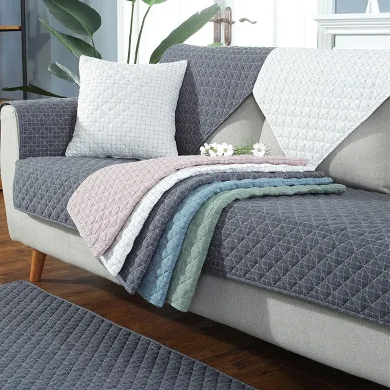 Modern Cotton Sofa Cover Japanese Solid Color Sofa Cushion Quilting Grid Combination Sofa Towel Covers for Living Room Decor