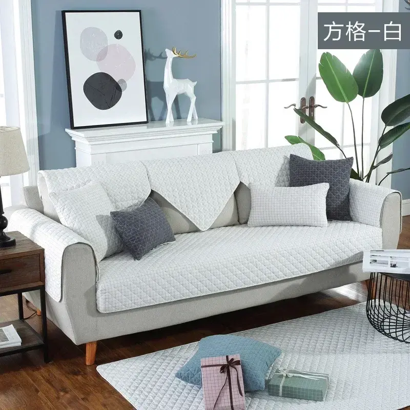 Modern Cotton Sofa Cover Japanese Solid Color Sofa Cushion Quilting Grid Combination Sofa Towel Covers for Living Room Decor