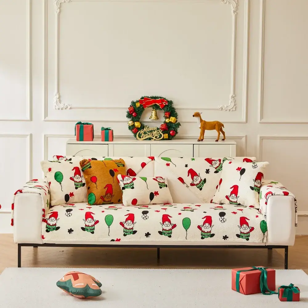 Cartoon Santa Claus Sofa Mat Anti Cat Scratch Sofa Cushion Pad Jacquard High Elasticity Non Deformable Christmas Sofa Seat Cover