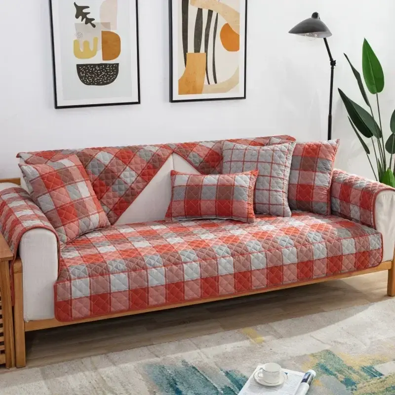 Modern Cotton Sofa Cover Japanese Solid Color Sofa Cushion Quilting Grid Combination Sofa Towel Covers for Living Room Decor