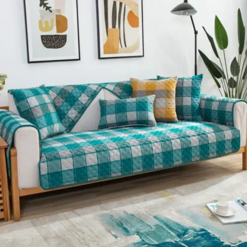 Modern Cotton Sofa Cover Japanese Solid Color Sofa Cushion Quilting Grid Combination Sofa Towel Covers for Living Room Decor