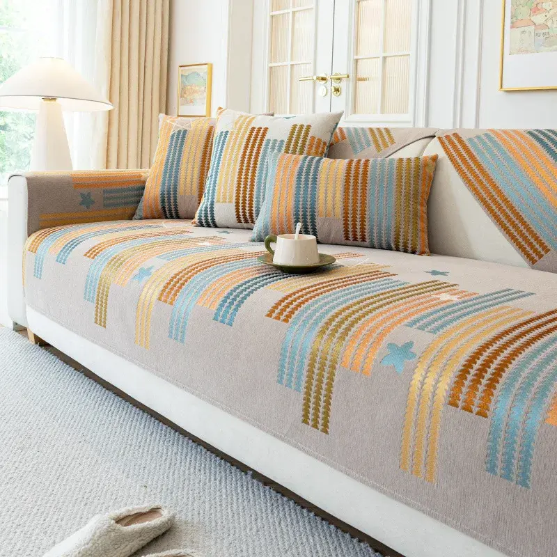 Chenille Colored Stripes Sofa Cover Four Seasons Universal Sofa Cover Simplicity Non-Slip Living Room Star Jacquard Sofa Cushion