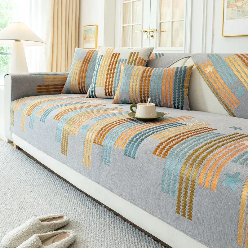 Chenille Colored Stripes Sofa Cover Four Seasons Universal Sofa Cover Simplicity Non-Slip Living Room Star Jacquard Sofa Cushion