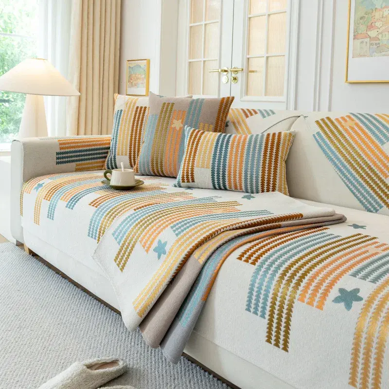 Chenille Colored Stripes Sofa Cover Four Seasons Universal Sofa Cover Simplicity Non-Slip Living Room Star Jacquard Sofa Cushion