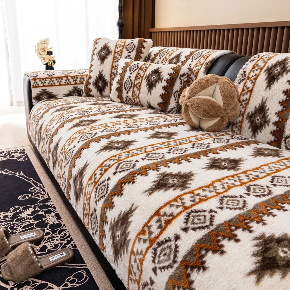 Living Home Non-slip Ethnic Style Sofa Cushion Couch Sofa Covers 2024 Winter Bohemia Slipcover Fleece Warm Sofa Mats Camping Mat