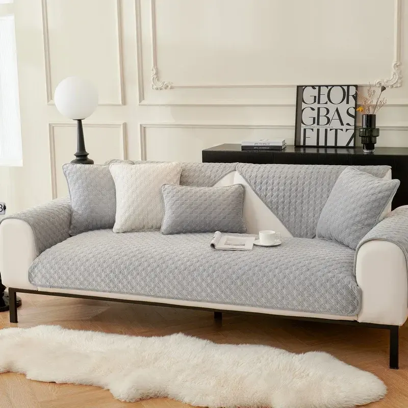 Sofa Cushion Non-slip Winter Quilting Plush Sofa Cover Towel Pets Kid Sofa Towel Anti-slip Universal Solid Color Couch Protector