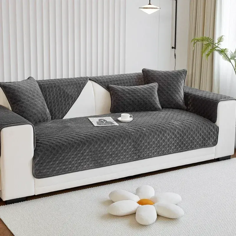 Sofa Cushion Non-slip Winter Quilting Plush Sofa Cover Towel Pets Kid Sofa Towel Anti-slip Universal Solid Color Couch Protector
