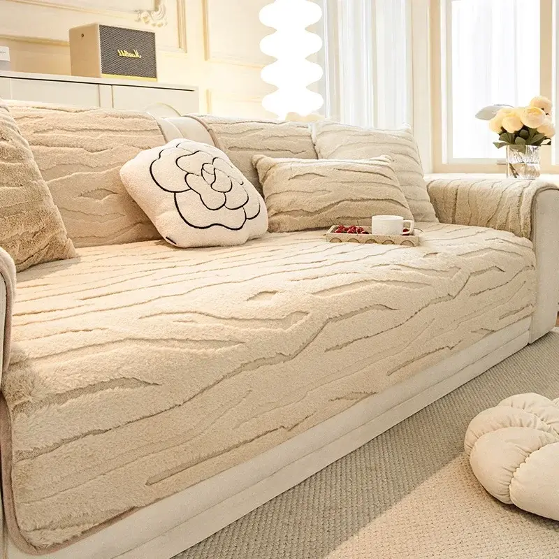 Modern Minimalist Cream Rabbit Fur Sofa Cushion Winter Thicken Advanced Sense Plush Seat Pad Anti-Slip And Keep Warm Sofa Cover
