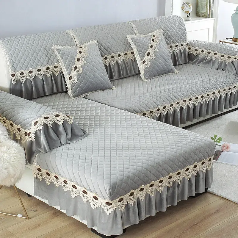 European Plush Sofa Cover Luxury Embroidery Lace Sofa Backrest Towel Non Slip Sofa Towel for Living Room L Shape Couch Covers
