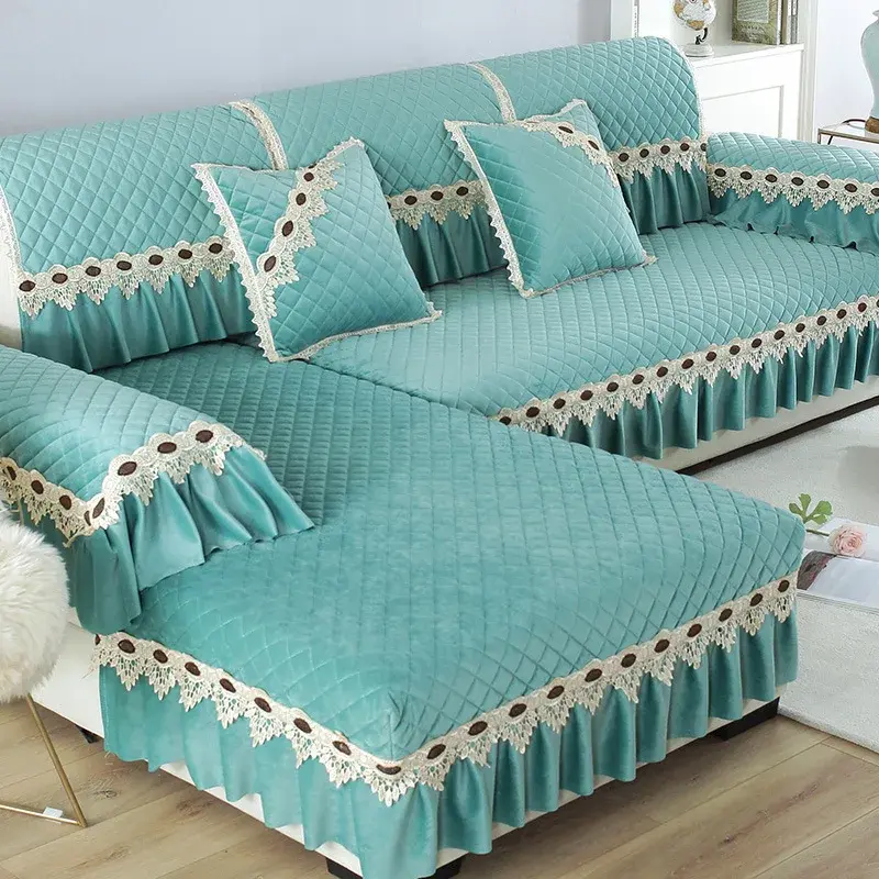 European Plush Sofa Cover Luxury Embroidery Lace Sofa Backrest Towel Non Slip Sofa Towel for Living Room L Shape Couch Covers