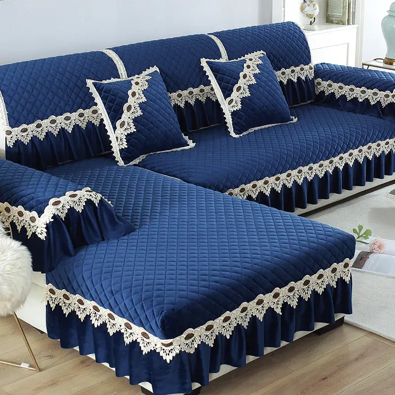 European Plush Sofa Cover Luxury Embroidery Lace Sofa Backrest Towel Non Slip Sofa Towel for Living Room L Shape Couch Covers