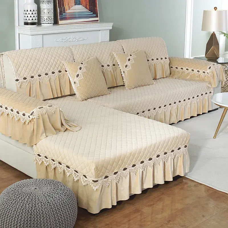 European Plush Sofa Cover Luxury Embroidery Lace Sofa Backrest Towel Non Slip Sofa Towel for Living Room L Shape Couch Covers