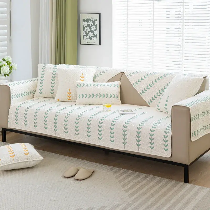Pure Cotton Embroidery Leaf Sofa Cushion Cover Living Room Stripe Geometric Universal Sofa Cover Non-Slip Simplicity Couch Mat