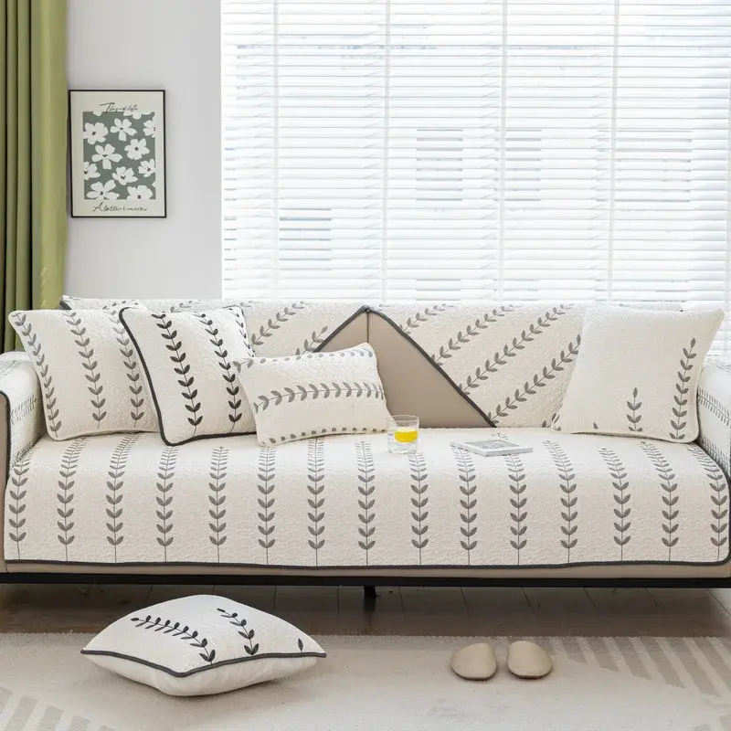 Pure Cotton Embroidery Leaf Sofa Cushion Cover Living Room Stripe Geometric Universal Sofa Cover Non-Slip Simplicity Couch Mat