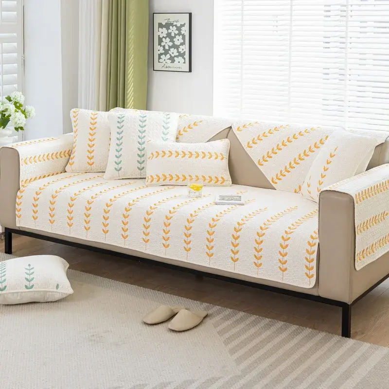 Pure Cotton Embroidery Leaf Sofa Cushion Cover Living Room Stripe Geometric Universal Sofa Cover Non-Slip Simplicity Couch Mat