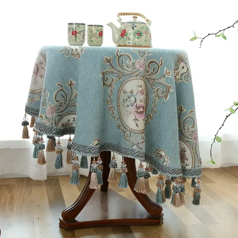 High-Grade Tassel Embroidery Table Cover European Chenille Yarn-Dyed Jacquard Round Table Cloth Classical Coffee Table Cloth