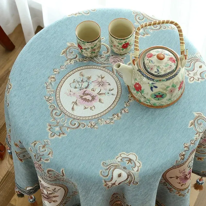 High-Grade Tassel Embroidery Table Cover European Chenille Yarn-Dyed Jacquard Round Table Cloth Classical Coffee Table Cloth