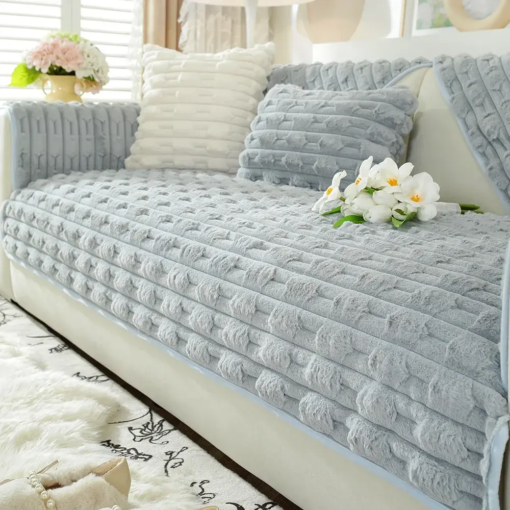 Winter Imitation Rabbit Fur Sofa Cover Nonslip Geometry Solid Color Sofa Cushion Thicken Couch Cushion Living Room Home Sofa Mat