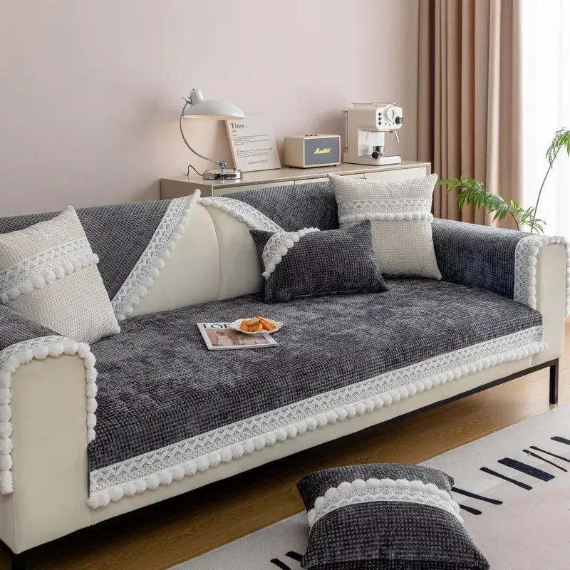 White Hair Balls Sofa Cover Plush Non-Slip Couch Cushion for Living Room Soft Universal Sofa Cover Back Towel Sectional Sofa Mat