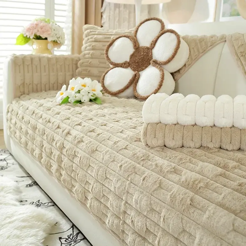 Winter Imitation Rabbit Fur Sofa Cover Nonslip Geometry Solid Color Sofa Cushion Thicken Couch Cushion Living Room Home Sofa Mat