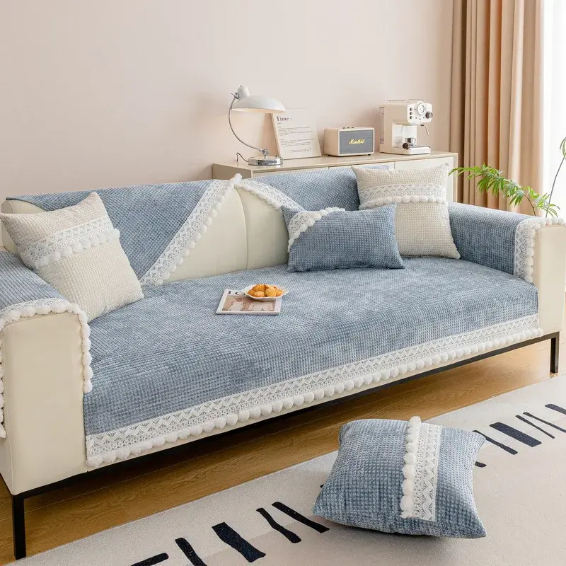 White Hair Balls Sofa Cover Plush Non-Slip Couch Cushion for Living Room Soft Universal Sofa Cover Back Towel Sectional Sofa Mat