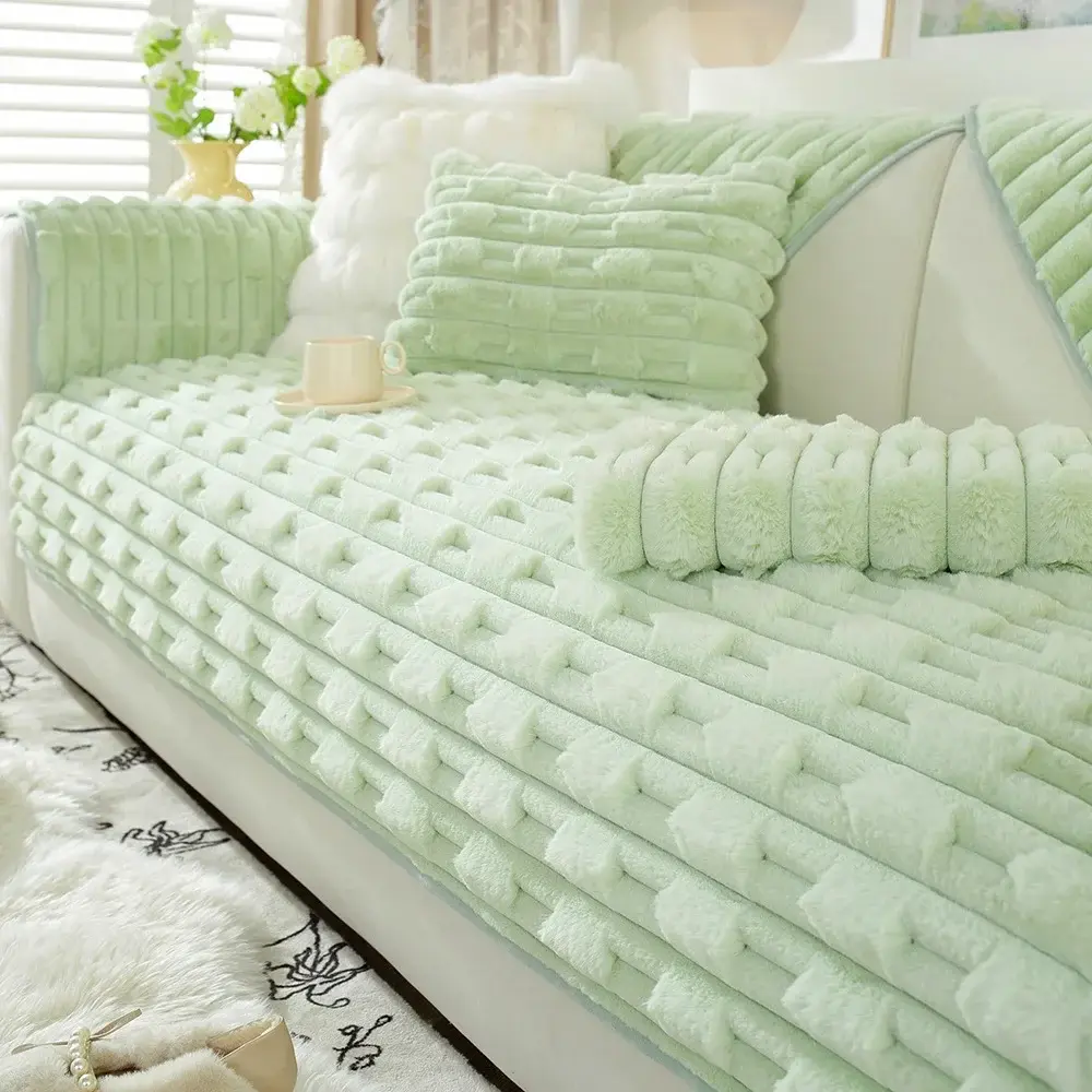 Winter Imitation Rabbit Fur Sofa Cover Nonslip Geometry Solid Color Sofa Cushion Thicken Couch Cushion Living Room Home Sofa Mat