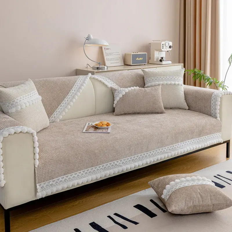 White Hair Balls Sofa Cover Plush Non-Slip Couch Cushion for Living Room Soft Universal Sofa Cover Back Towel Sectional Sofa Mat