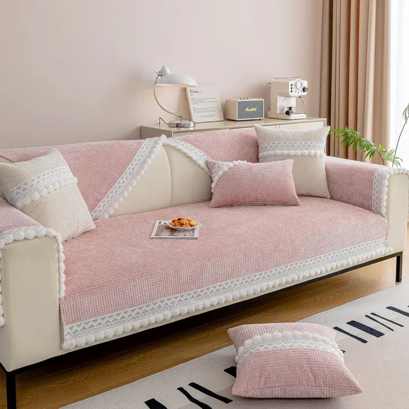 White Hair Balls Sofa Cover Plush Non-Slip Couch Cushion for Living Room Soft Universal Sofa Cover Back Towel Sectional Sofa Mat