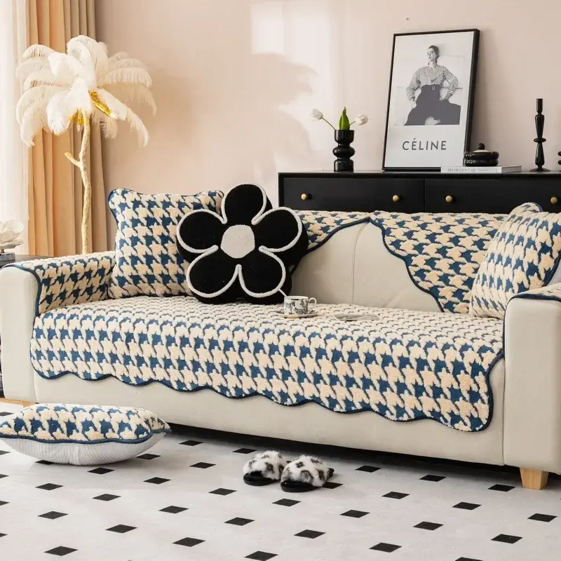 Qianniao Grid Sofa Cushion Comfortable Plush Autumn Winter New Thickened Seat Cushion High-end and Anti Slip Backrest Sofa Cover