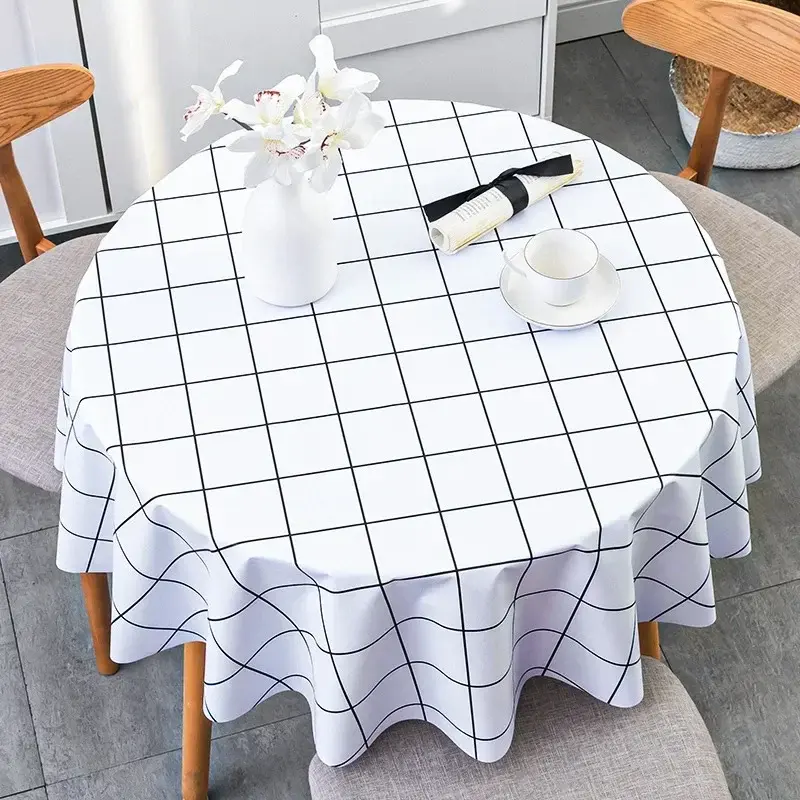 Nordic Round Table Tablecloth Modern Pvc Grid Printed Waterproof Oil-proof Anti-hot Table Cloth Coffee Dining Table Mat Plastic
