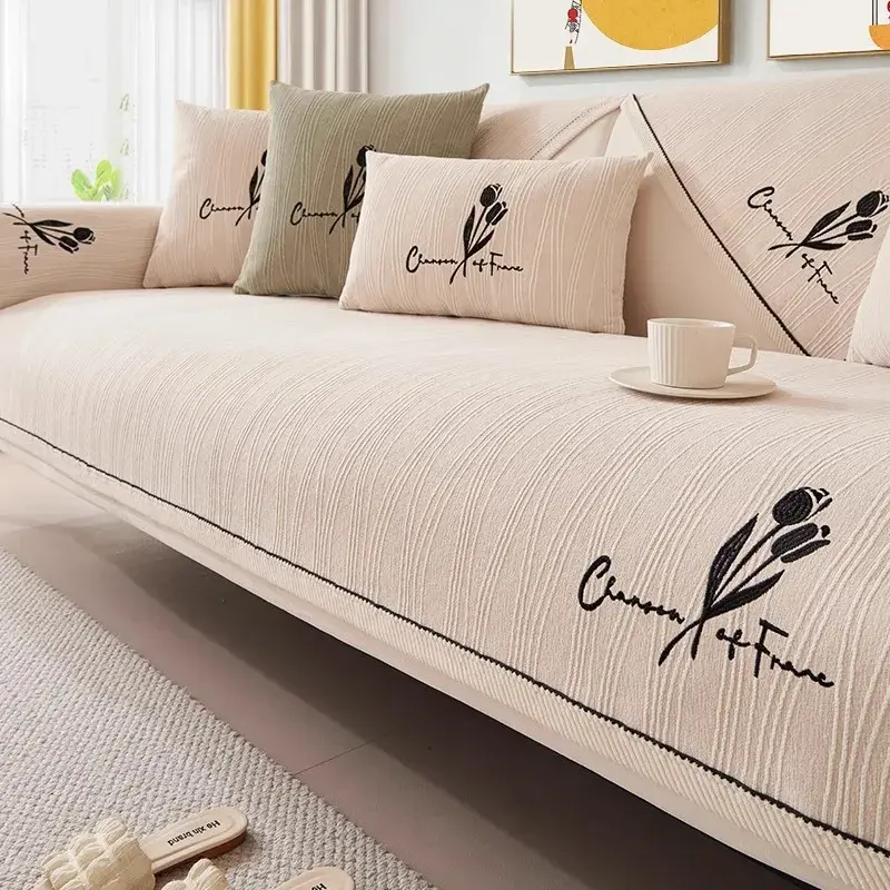 Plant Embroidery Sofa Cover Dust Chenille Solid Color Couch Cover for Living Room Four Seasons Universal Non-slip Sofa Cushion