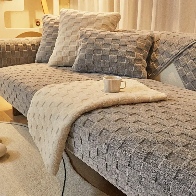 Modern Bump Grid Sofa Towel Winter Lamb Wool Thicken Plush Soft And Smooth Sofa Covers For Living Room Anti-slip Couch Cover
