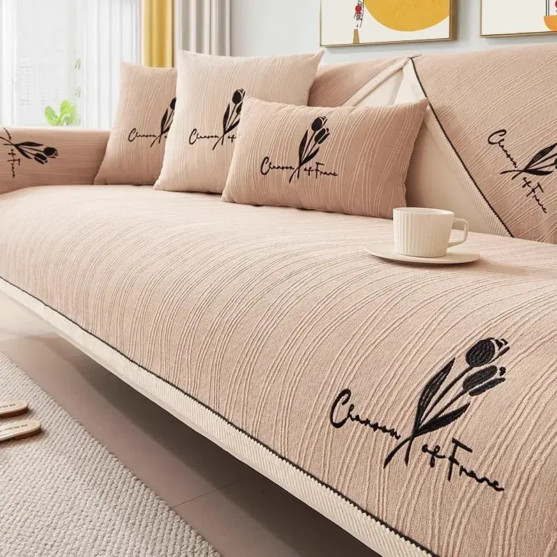 Plant Embroidery Sofa Cover Dust Chenille Solid Color Couch Cover for Living Room Four Seasons Universal Non-slip Sofa Cushion