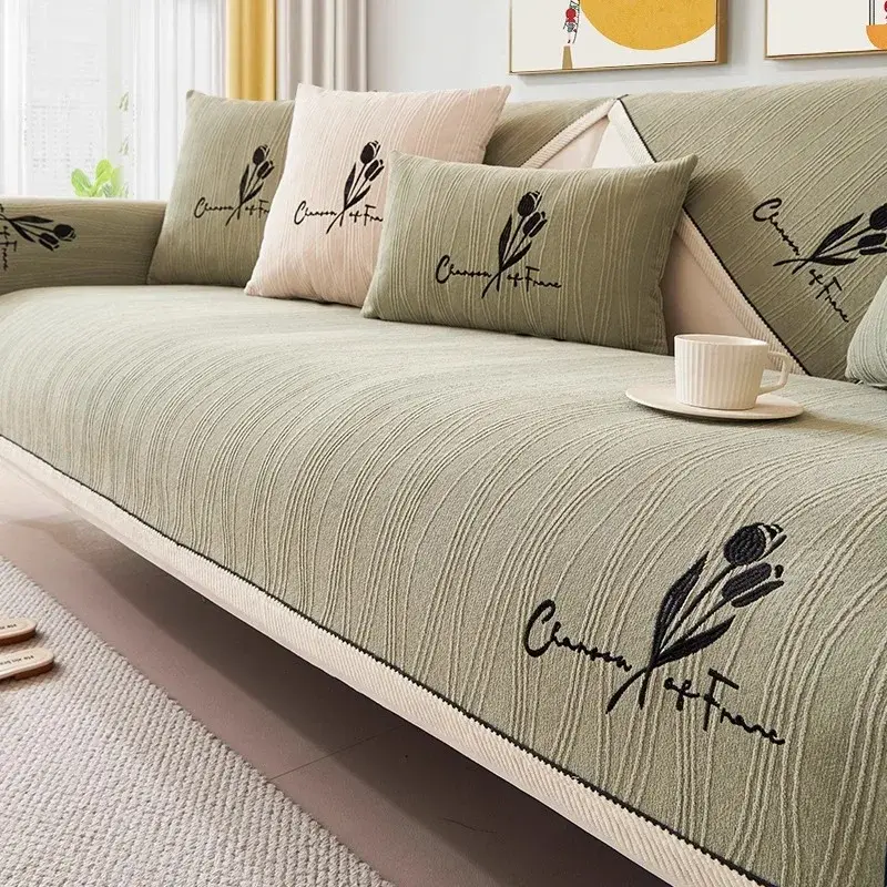 Plant Embroidery Sofa Cover Dust Chenille Solid Color Couch Cover for Living Room Four Seasons Universal Non-slip Sofa Cushion