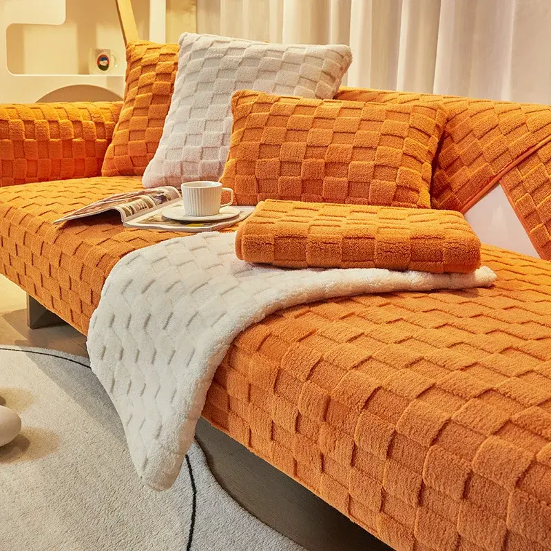 Modern Bump Grid Sofa Towel Winter Lamb Wool Thicken Plush Soft And Smooth Sofa Covers For Living Room Anti-slip Couch Cover