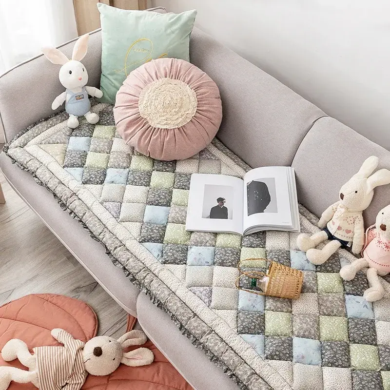 Cotton Grid Cushion Patchwork Sofa Cushion Plaid Carpet Anti-Slip Rugs Thicken Cushion for Living Room Decor Seat Tatami Mat