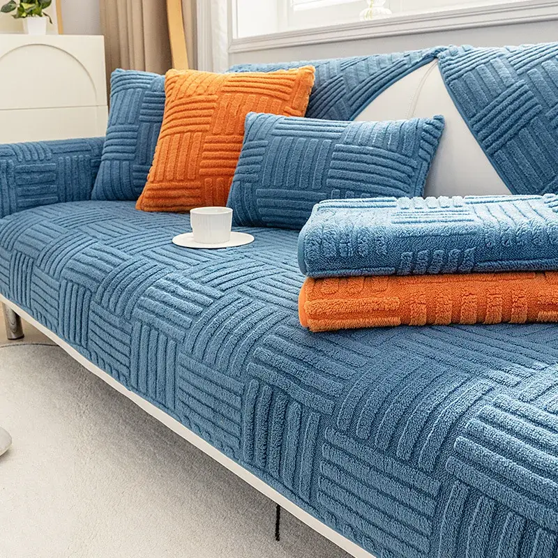 Modern Bump Grid Sofa Towel Winter Lamb Wool Thicken Plush Soft And Smooth Sofa Covers For Living Room Anti-slip Couch Cover